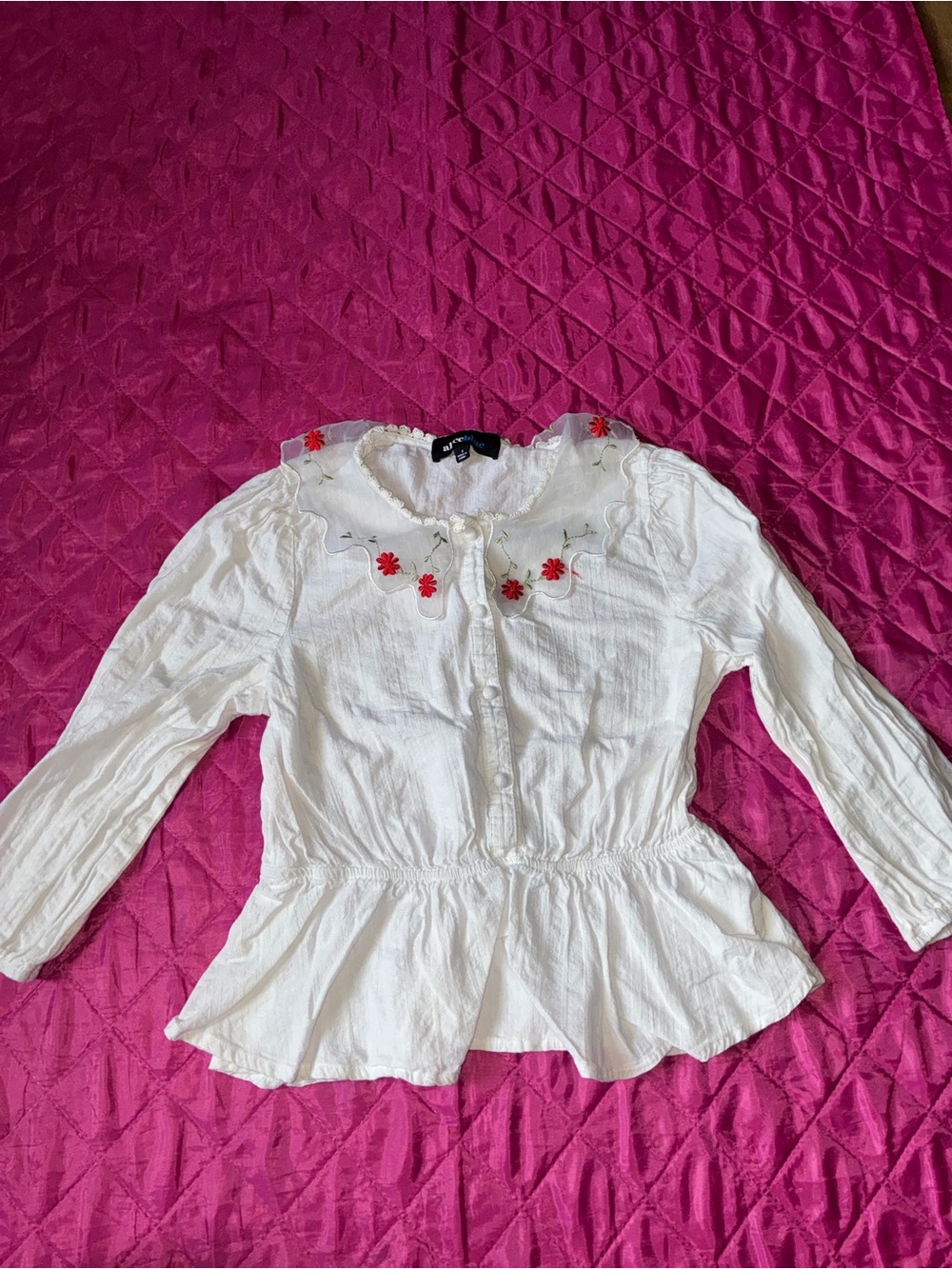Vintage Alice Blue White Peplum Top with Red Floral Embroidery